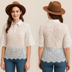 STYLEWE Boho Beige and White Lace Blouse Size Small